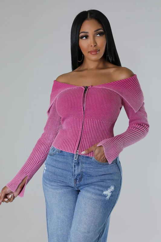 Soft Charm Off-Shoulder Knit  Blush Sweater